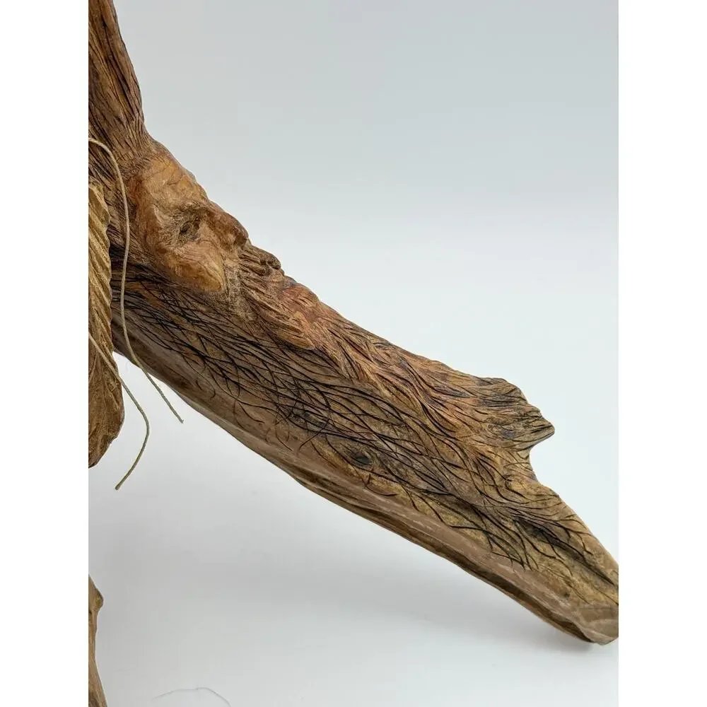 Hand Carved Wood Old Man Face w Feather Spirit Tree Sculpture Figure 12”x10” VTG